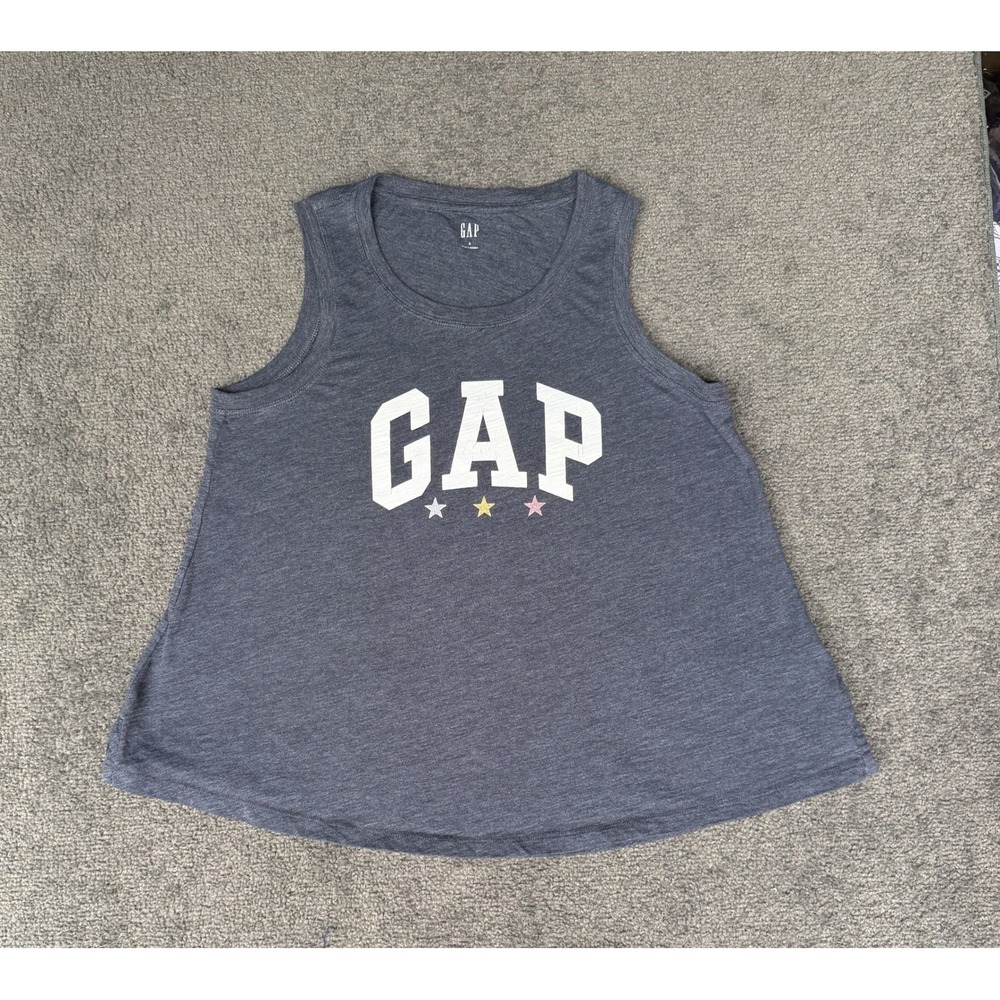 GAP Womens Logo Graphic Tank Top Charcoal Heather Grey Stars Size S